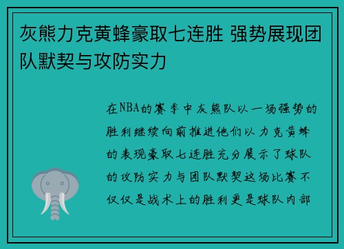 灰熊力克黄蜂豪取七连胜 强势展现团队默契与攻防实力