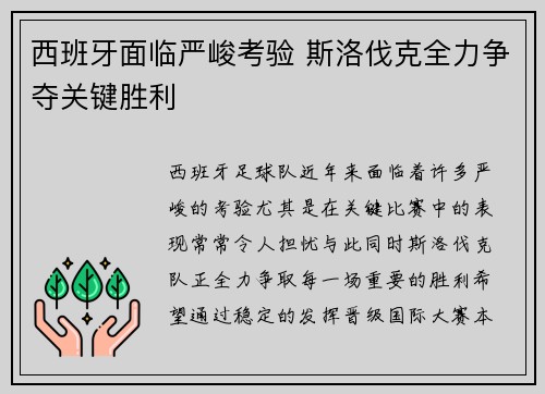 西班牙面临严峻考验 斯洛伐克全力争夺关键胜利