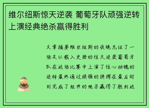 维尔纽斯惊天逆袭 葡萄牙队顽强逆转上演经典绝杀赢得胜利