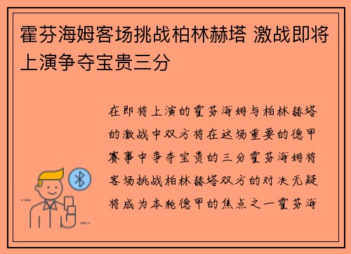 霍芬海姆客场挑战柏林赫塔 激战即将上演争夺宝贵三分